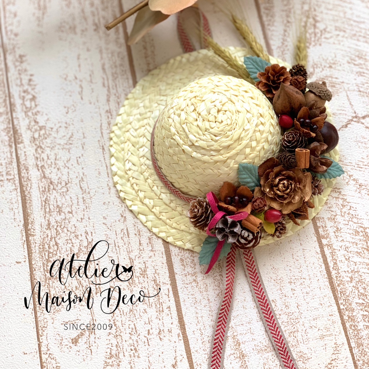 動画付き！】三谷昌美 ヘリンボーンのリネンリボンと木の実の麦わら